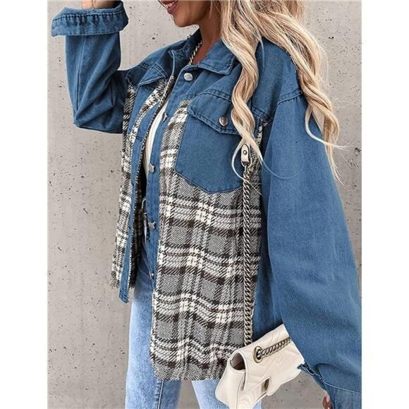 Medium Wash Plaid Printed Patchwork Oversized Denim Jean Shacket Jacket Top - Picture 2 of 5